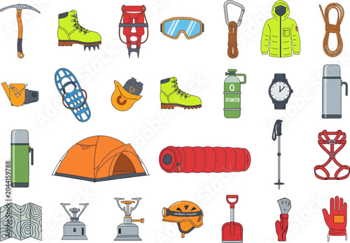 Foto Mountaineering equipment collection displays essential gear for outdoor alpine climbing and winter expeditions