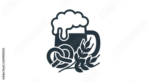 Foto A minimalist black and white icon featuring a beer mug with a pretzel and wheat stalks