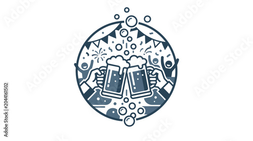Bilde på lerret Two hands holding beer mugs clinking together in a celebratory circular graphic design