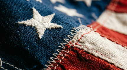 Vintage American flag macro with embroidered white star, weathered fabric texture on old USA flag, rustic patriotic background for Memorial Day or Fourth of July