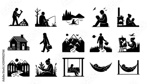 Foto Leisure Activities Vector Icons Set: Relaxing, Hobbies, Nature, and Creative Pur