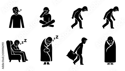 Photos Vector Icons Depicting Fatigue, Exhaustion, and Sleepiness, Set of 8 Black Silho