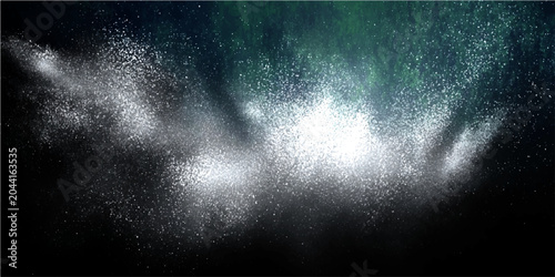 Photography White powder explosion with green background smoke, abstract powder cloud with dark background in dark blue and green tone