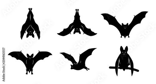 Photos Bat Silhouettes Collection, Nocturnal Flying Mammal Icons, Halloween Graphic Ele