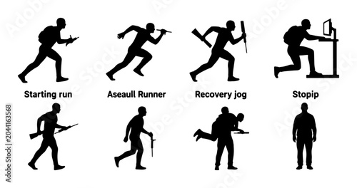 Cuadro en lienzo Military Training Silhouettes: Soldier Actions, Running, Recovery, Stop, Assault