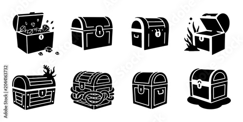 Quadro em tela Treasure Chest Icons, Pirate Loot Boxes, Vintage Storage Containers, Vector Grap
