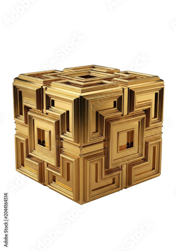 3d golden cube made of smaller cubes isolated on transparent background