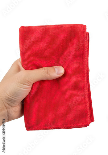 Hand holding red microfiber cleaning cloth isolated on transparent background