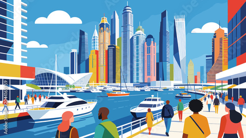Photography Vibrant illustration of a modern waterfront city with towering skyscrapers, luxury yachts, and people strolling along the promenade under a clear blue sky