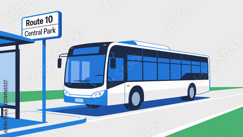 Tableau sur toile A modern white and blue bus stopped at a bus stop with a 'Route 10 Central Park' sign, depicted in a flat illustration style