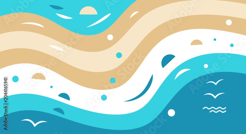 Foto Abstract wavy beach landscape with sun and seagulls, flat vector illustration
