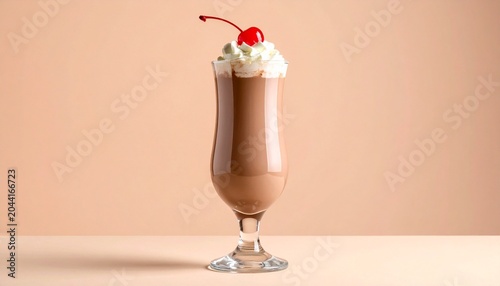 Chocolate milkshake topped with whipped cream and cherry