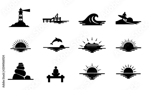 Canvas Print Nautical and Coastal Icons Set: Lighthouse, Pier, Waves, Surfer, Dolphin, Sunris