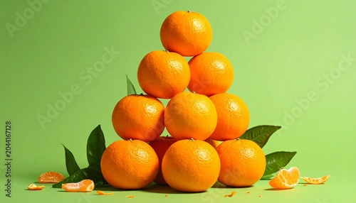 Stacked tangerine pyramid with peels and leaves