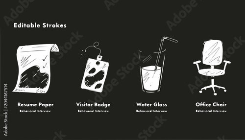 Hand-drawn icons: Resume, Visitor Badge, Water Glass, Office Chair on black background