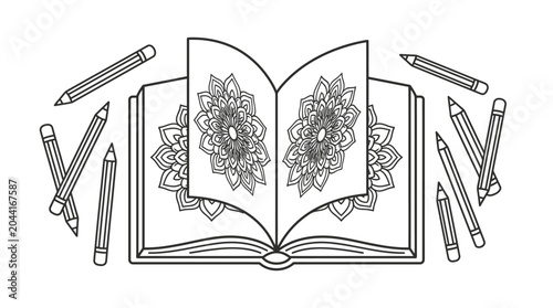 Billede på lærred An open coloring book featuring intricate mandala designs surrounded by several graphite pencils