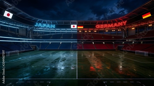Futuristic Soccer Stadium at Night for Japan vs Germany Match with Neon Lights