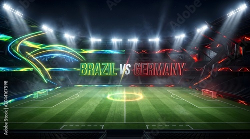 Futuristic soccer stadium background for Brazil vs Germany match with neon lights