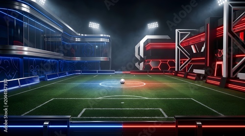 Futuristic Soccer Field with Neon Lights and High-Tech Stadium Architecture at Night