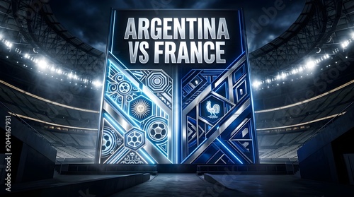Futuristic Stadium Billboard Displaying Argentina vs France Football Match Graphic Illustration