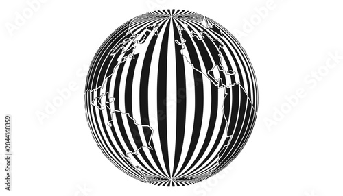 Abstract Globe with Black and White Stripes and World Map Outline