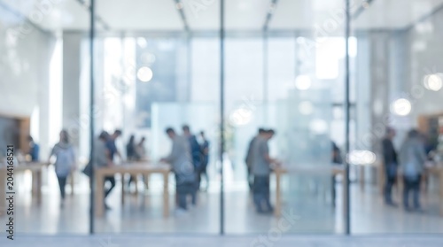 Blurred figures of customers browsing modern electronics inside bright retail store with glass walls and minimalist interior design for commercial technology business marketing concepts
