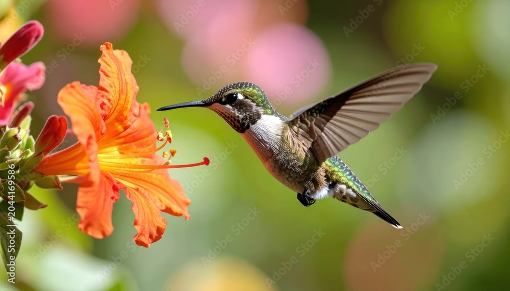 Fototapeta premium Beautiful hummingbird feeding on bright orange flower nectar outdoors.