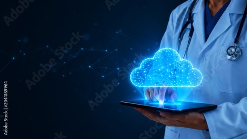 A medical professional interacts with a glowing cloud symbol, representing digital health technology and data management.