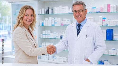 A smiling pharmacist and customer shake hands in a bright pharmacy, surrounded by shelves of various medications and health products.
