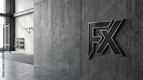 Modern industrial gym interior with logo on concrete wall