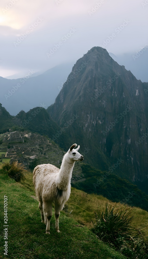 Naklejka premium Peaceful llama surveys ancient ruins and vast mountains under a soft overcast sky landscape