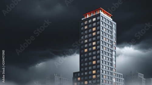 office building exterior under dramatic cloudy sky representing corporate strength
