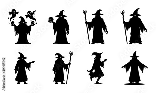 Photography Mystical Wizard Silhouettes Collection, Magical Sorcerer Icons, Fantasy Characte