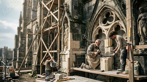 Craftsmen restoring stone walls of a historic gothic cathedral