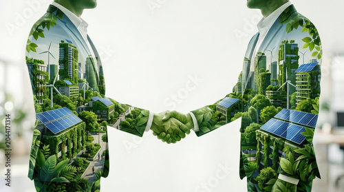 Sustainable business practices esg handshake partnership green suit agreement corporate commitment eco friendly strategy modern city background foliage overlay