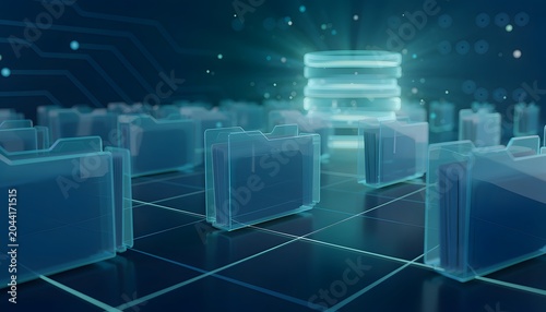 Digital Archive and Records Management System with Rows of Transparent Blue Folders and Glowing Database Server on Futuristic Grid