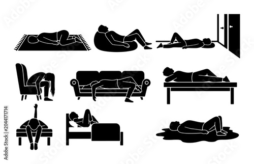Quadro su tela Relaxation Poses Vector Set, Human Figures Lounging on Furniture and Floor, Dive