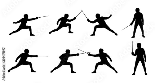 Canvastavla Fencing Silhouette Set, Sword Fighting Action Poses, Athletic Duel Sport Vector