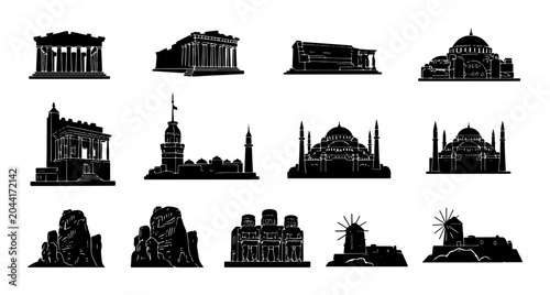 Foto Iconic Landmark Silhouettes Collection, 12 Famous Architectural Wonders Vector S