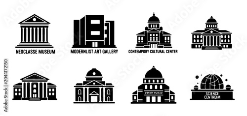 Konstfotografi Icon Set: Neoclassical Museum, Modernist Art Gallery, Cultural Center, and Civic
