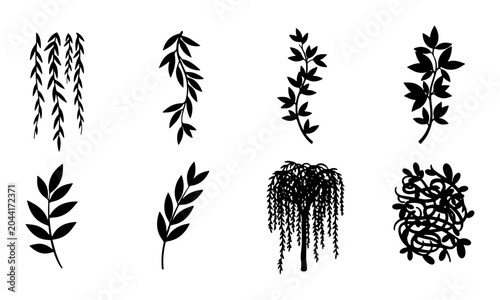 Photos Botanical Vector Elements, Delicate Leaf Sprigs and Weeping Willow Tree Silhouet