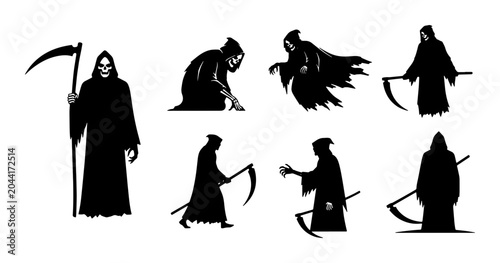 Konstfotografi Grim Reaper Silhouette Vector Icons, Death Personification Set, Halloween Scary