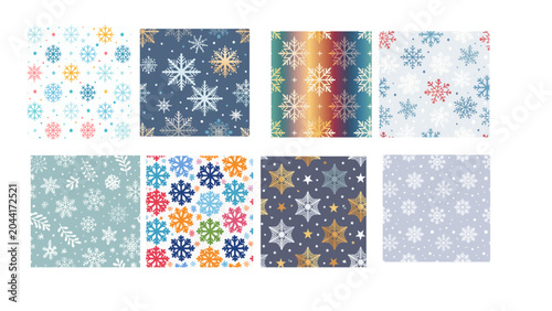 Set of eight seamless winter vector patterns featuring geometric snowflakes, stars, and frosty accents in cool seasonal colors. Ideal for backgrounds, textiles, and decorative designs.