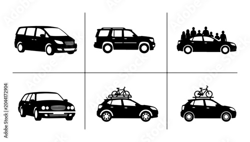 Schilderij op canvas Diverse Vehicle Icons: Minivan, SUV, Passenger Car, Station Wagon, and SUVs with