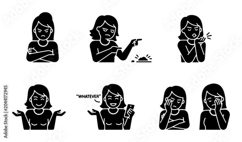 Quadro su tela Woman Emotion Icons Set, Female Mood Silhouettes, Expression Graphics Collection