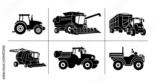 Photos Agricultural Machinery Icons Set: Tractor, Combine Harvester, Trailer, Forage Ha