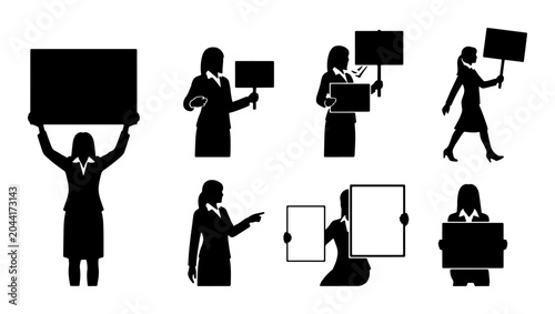 Photos Protestors Holding Signs, Silhouette Figures Demonstrating, Activist Women with