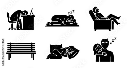 Fotografija Sleep and Rest Icons Set: Exhausted Worker, Nap, Relaxing Man, Bench, Sleeping W