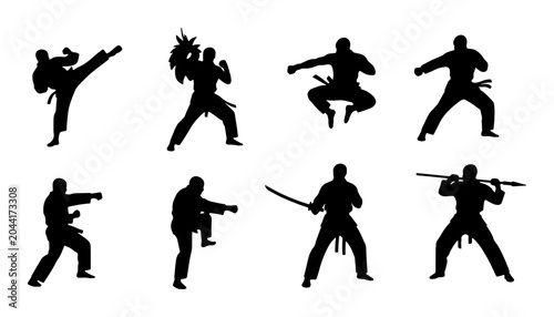 Foto Martial Arts Silhouettes, Karate Combat Poses, Ninja Warrior Actions, Dynamic Fi