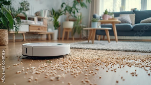 Modern robotic vacuum cleaner tidying up a cozy living room with scattered crumbs on hardwood floor near a comfortable sofa